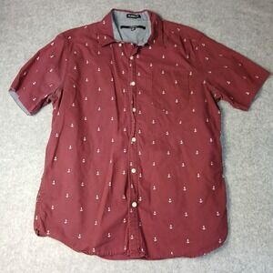 Carbon Button Down Shirt Mens Large Maroon Anchor Print Short Sleeve Classic Fit